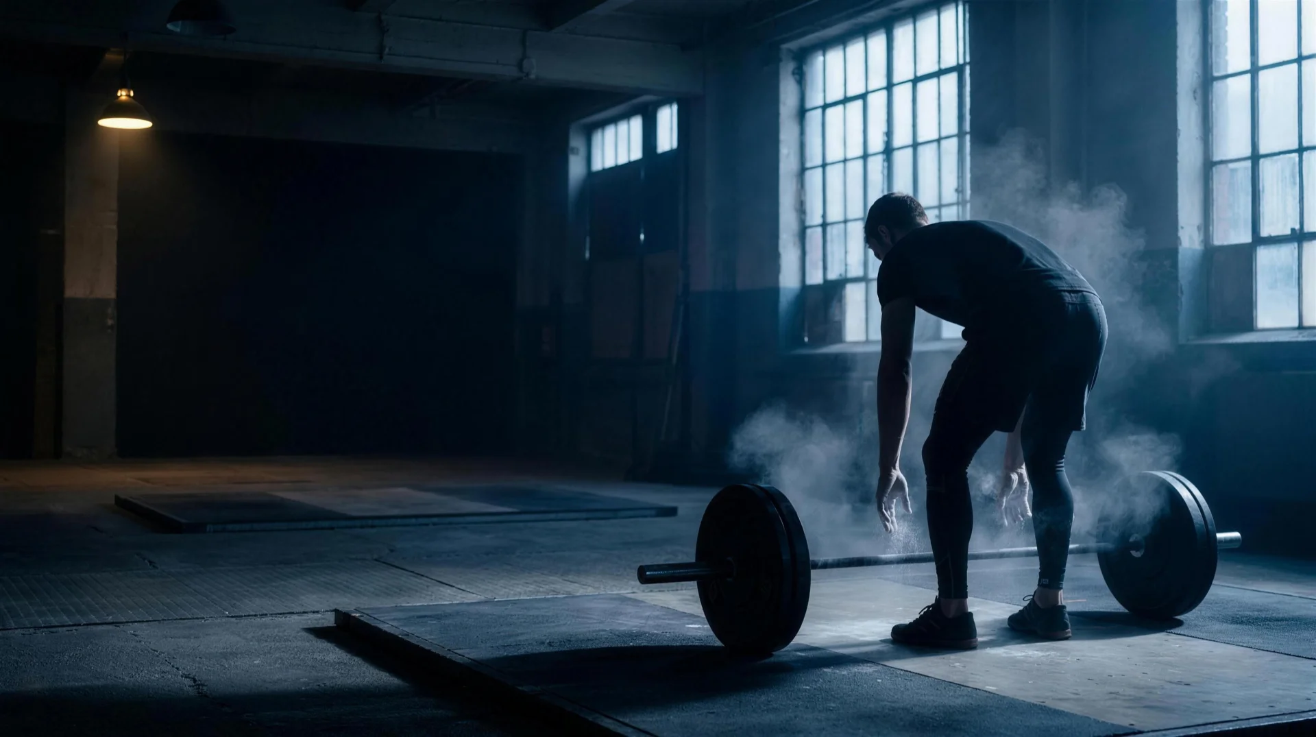 Atleta preparándose frente a una barra en un box de CrossFit al amanecer